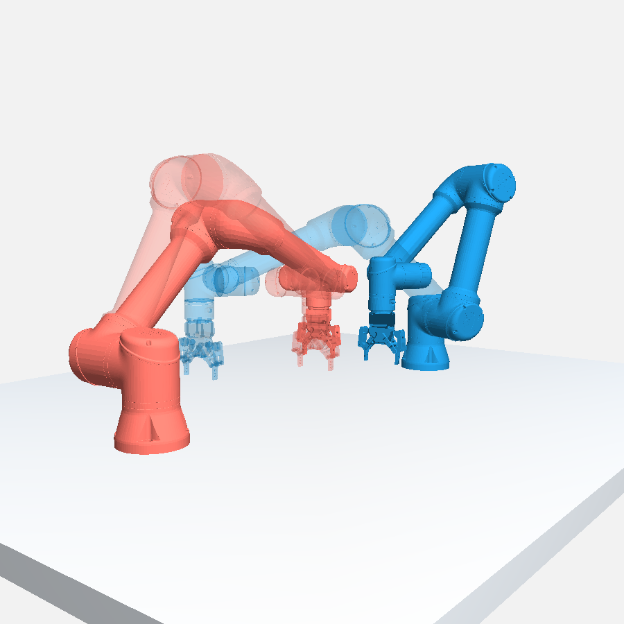 Representative Tabletop scene: the planned robot is blue and moving obstacles are red.
